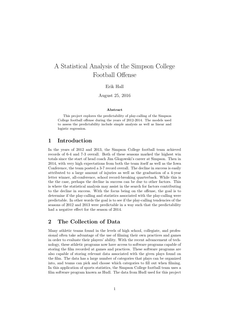 A Statistical Analysis of the Simpson College Football Offense