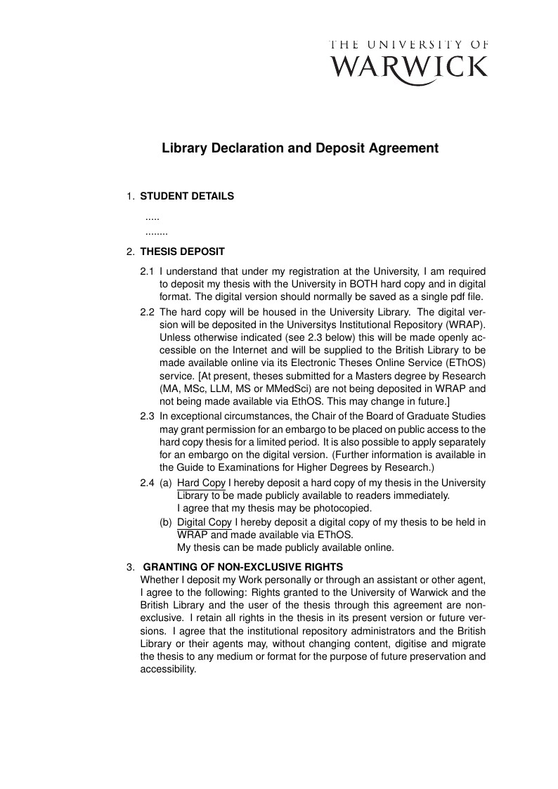 University of Warwick PhD Thesis Template