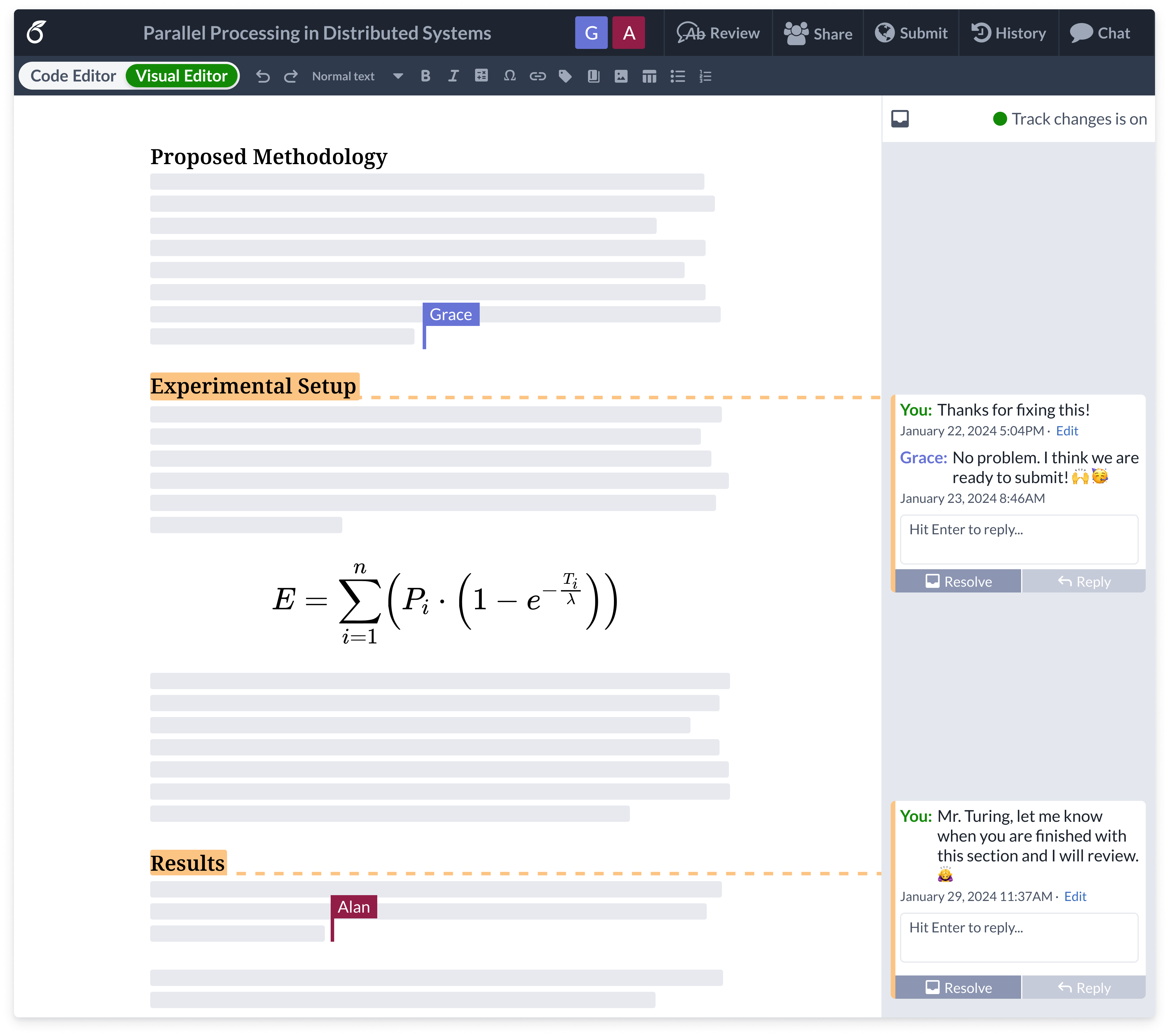 Reviewing and collaborating on a document in Overleaf